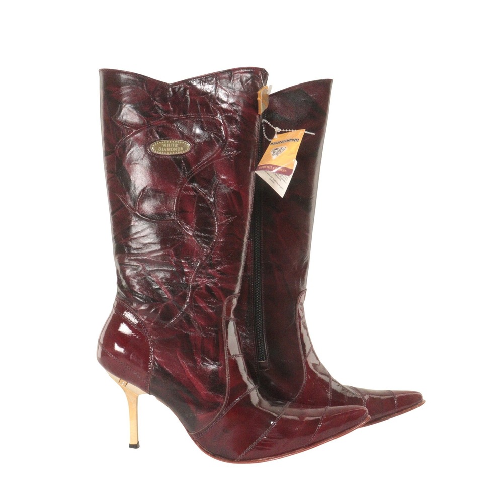 White Diamonds Boots Pointed Toe Stiletto Heel Burgundy Leather Women 9 NEW